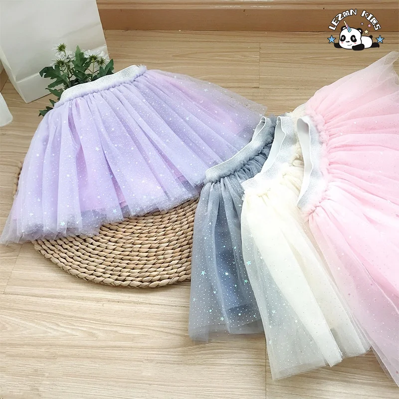 LEZONKIDS - OEM Customizable Girls' Spring Summer Three-Layer Tutu Dress Breathable Chiffon Mesh Star Skirt Parties Dance Little Girl Dress
